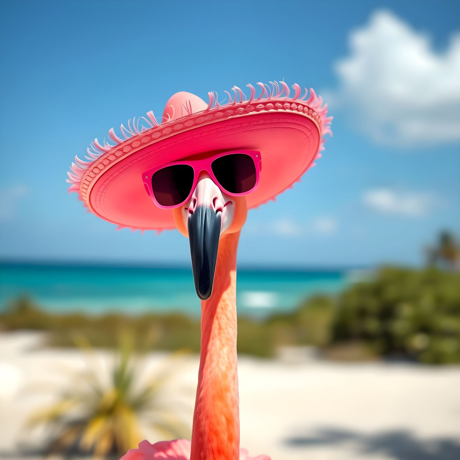 Flamingo Fashionista with Sombrero and Sunglasses