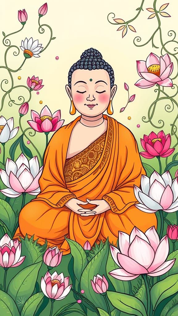 Buddha in Whimsical Doodle Landscape with Lotus Flowers
