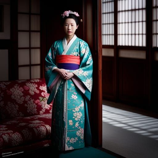Detailed Japanese Courtesan Portrait with Cherry Blossoms