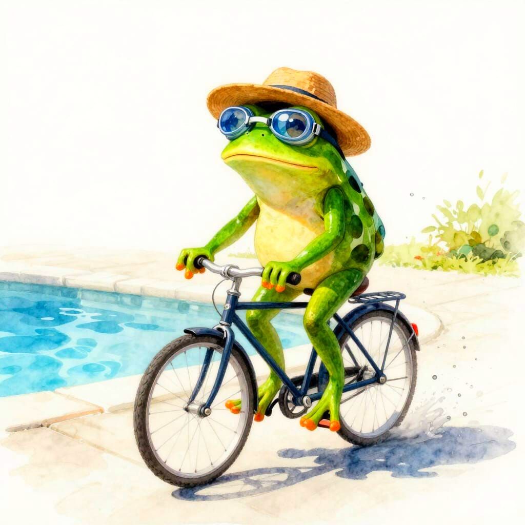 Frog Cyclist on Holiday in Pastel Watercolor Style