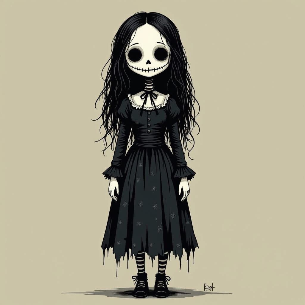 Gothic Doll Woman with Haunting Features in Dark Futurism St...