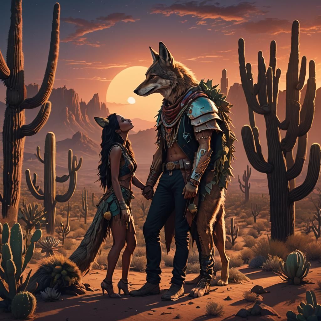 Surreal Desert Kiss: Coyote Man and Cactus Woman