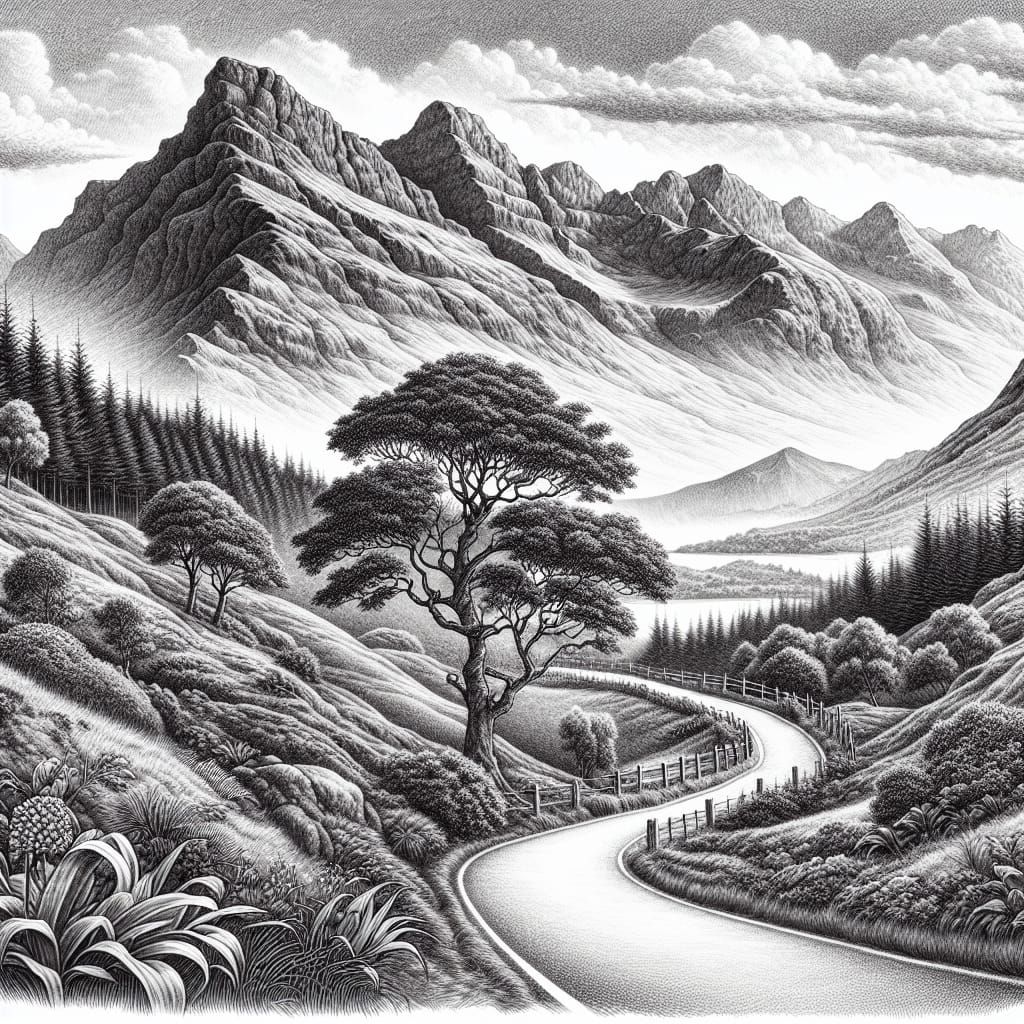 Detailed Pen and Ink Country Road Drawing
