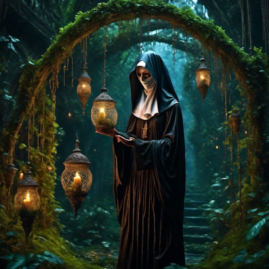Gothic Nun with Glowing Creature in Airbrush Painting