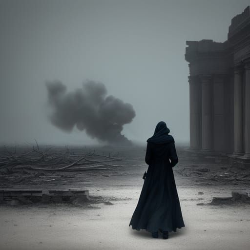 Lone Figure in Desolate Ruins with Falling Ash
