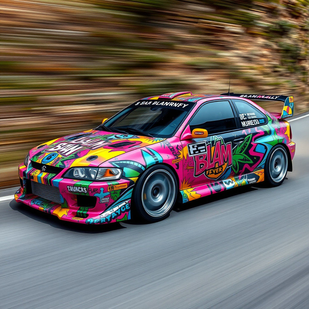 Rally car wrapped in "blam blam fever" artwork