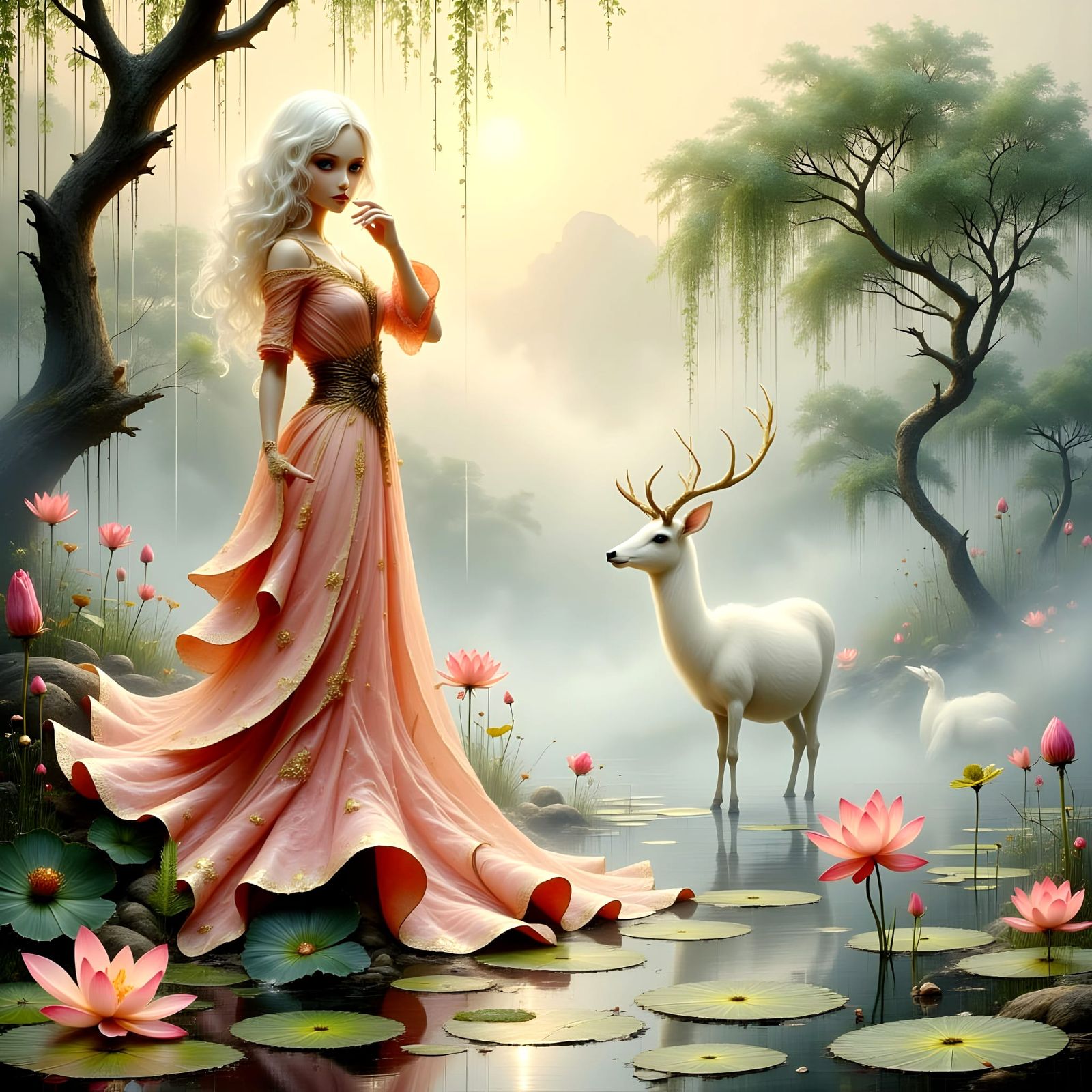 Ethereal Lady in Enchanted Mist, with Golden Eyes and Stag
