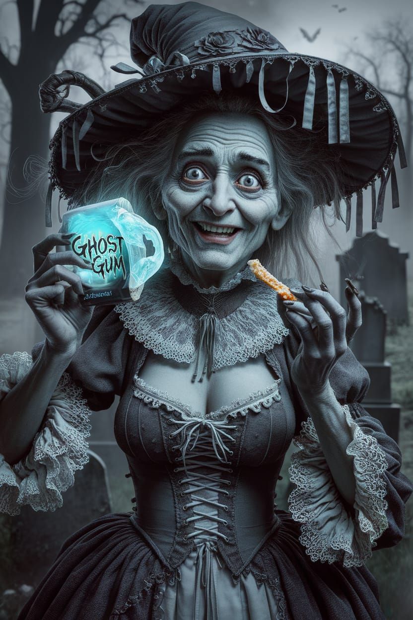 Happy Gothic Witch with Gum in Graveyard