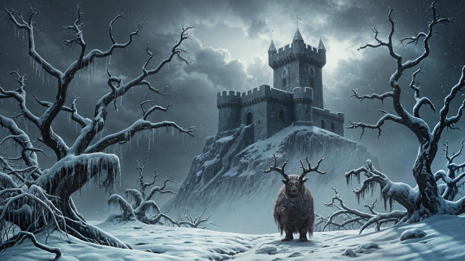 Frozen Winter Trolls' Kingdom with Castle in the Shadows