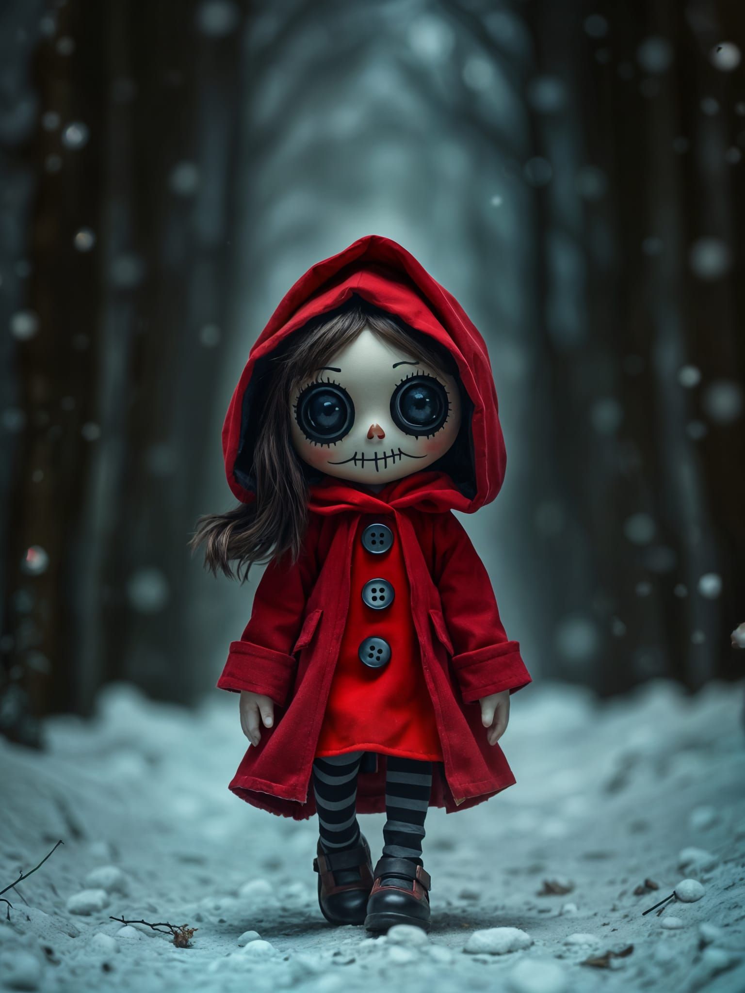 Gothic Punk Rag Doll in Snowy Forest