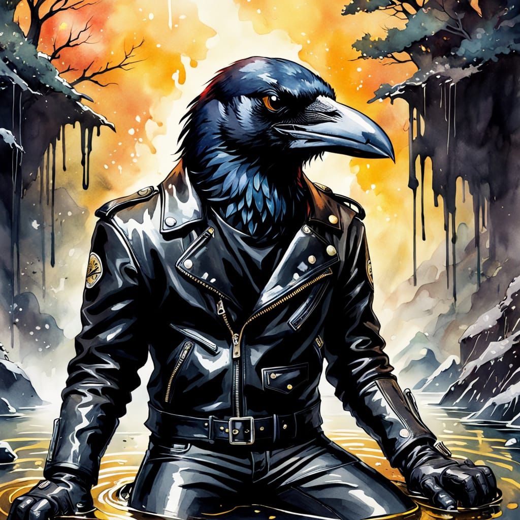Badass Crow Biker in Hot Spring, Comic Book Art