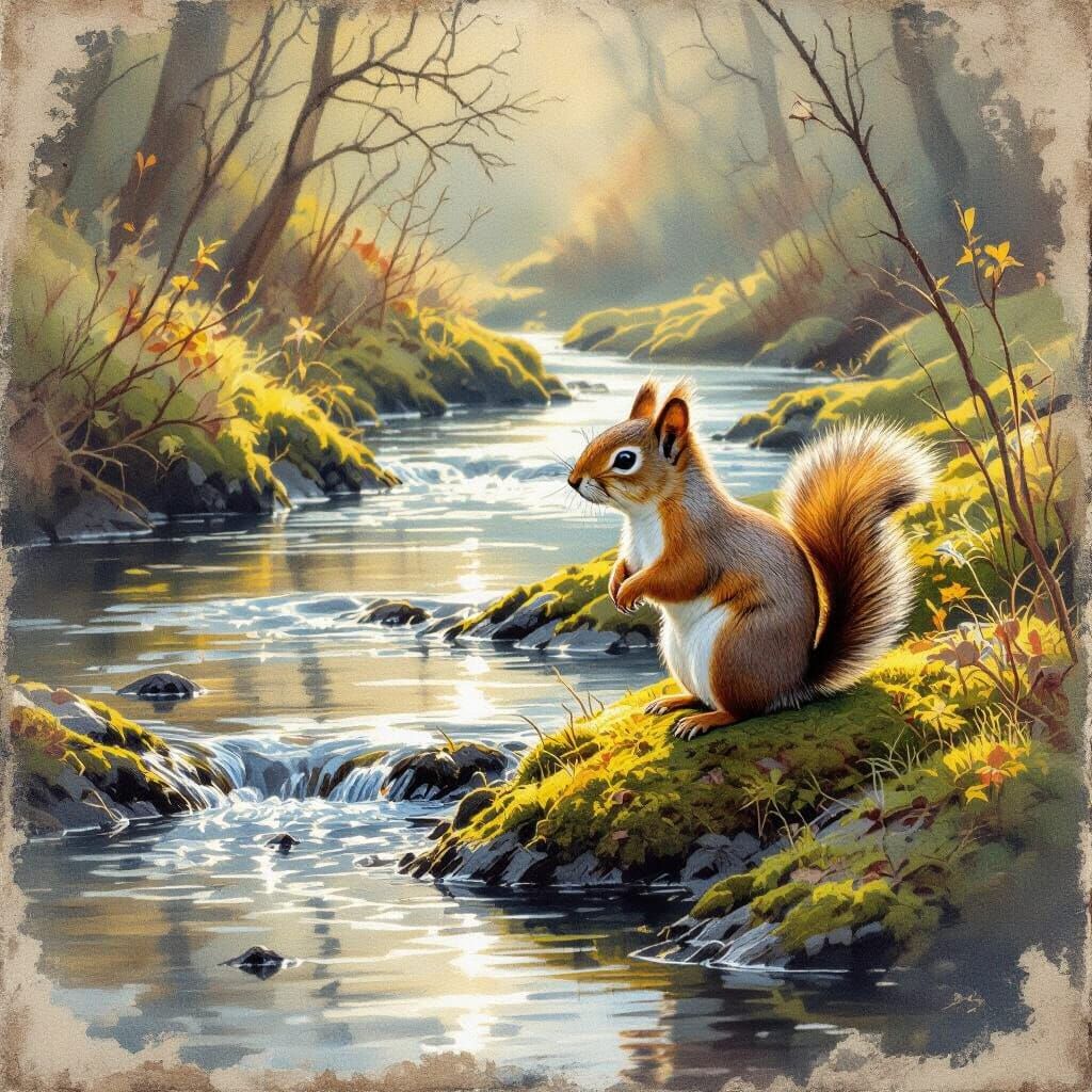 Encaustic Painting of Squirrel by Riverbank