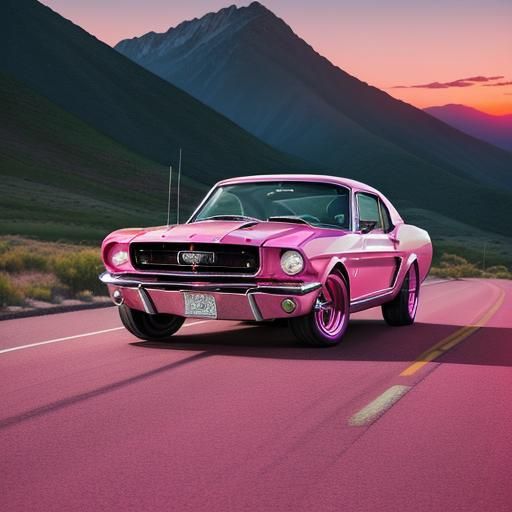 Pink 1965 Ford Mustang on Mountain Road