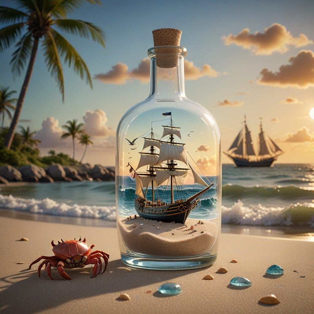 Miniature Ship in a Bottle on Tropical Beach