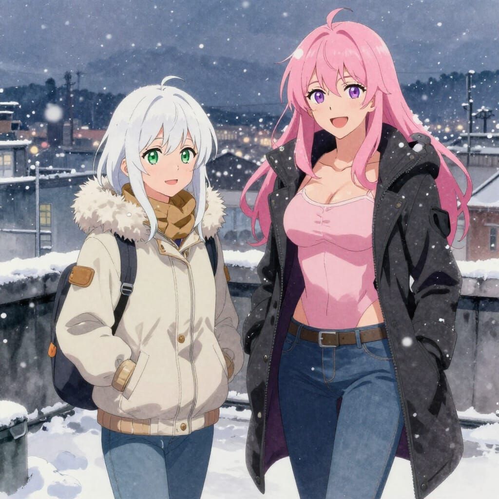 Women Enjoying Snowy Rooftop in Anime Style