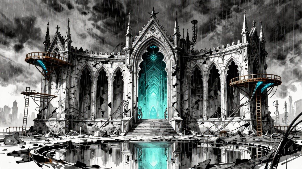 Gothic Structure in Rain, Cyberpunk Fusion Art