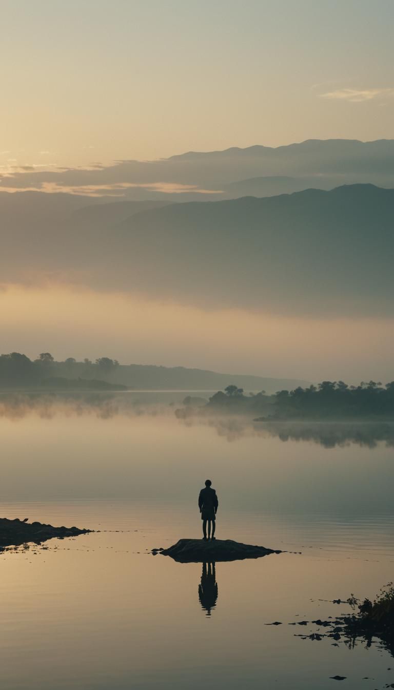 Contemplative Figure at Dawn: A Surrealist Film Still