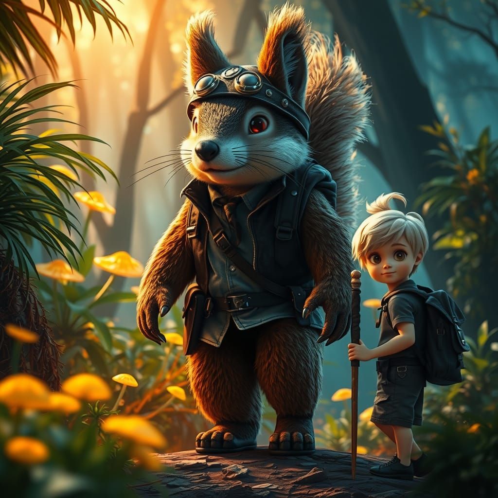 Teddy Squirrel Explorer in Jungle, Hyperrealistic Art