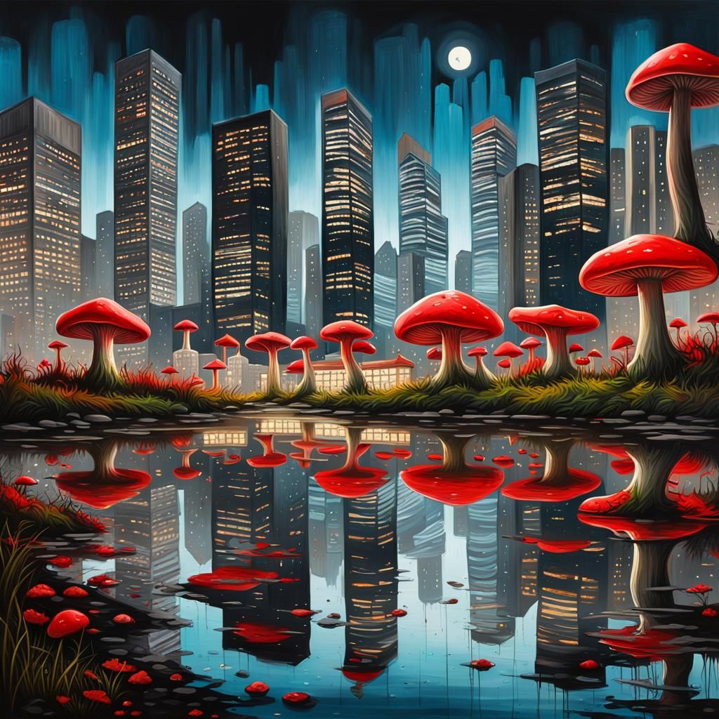 Night Cityscape with Giant Mushrooms: Graffiti Art Style