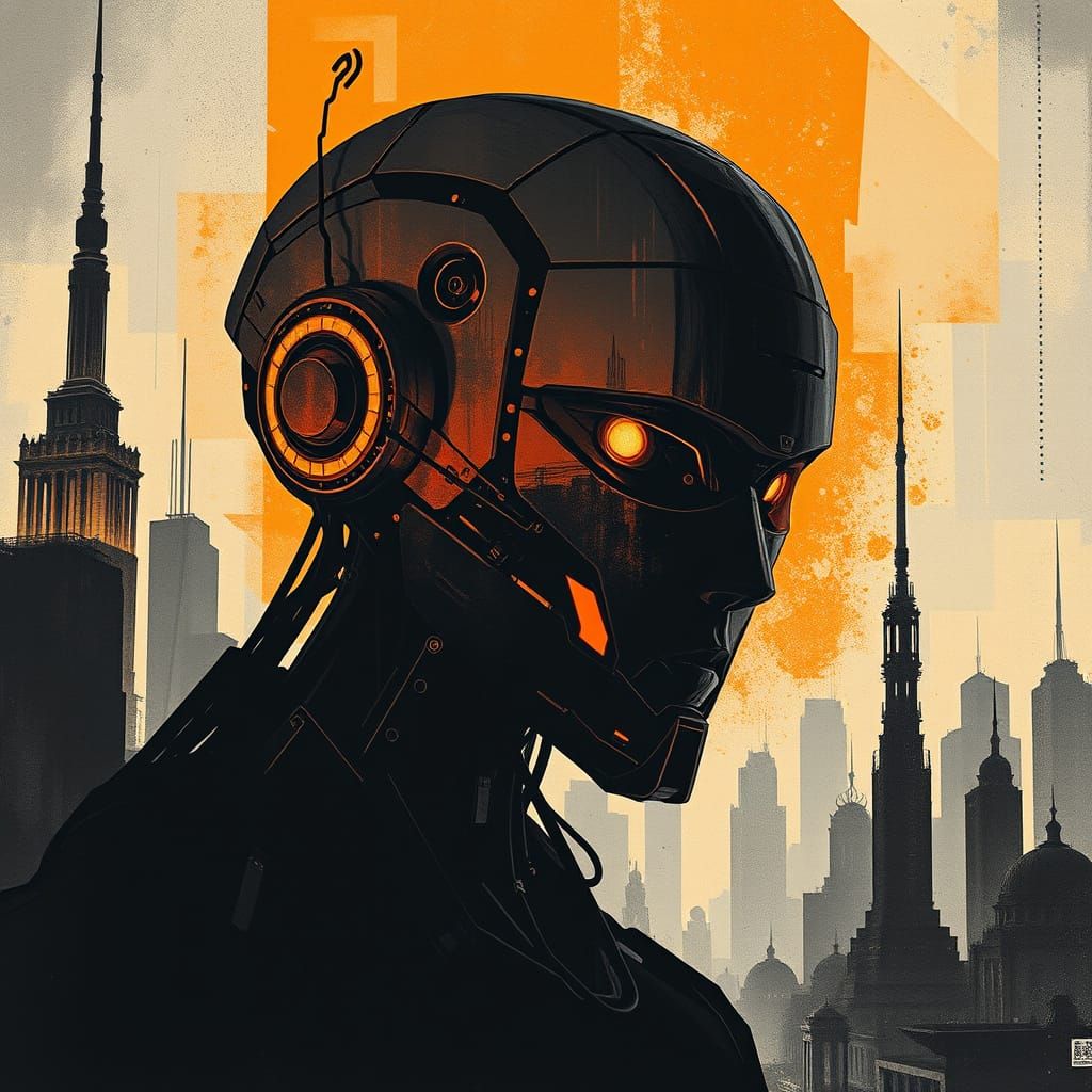 Android Silhouette in Expressionist Metropolis, Art Deco Sty...