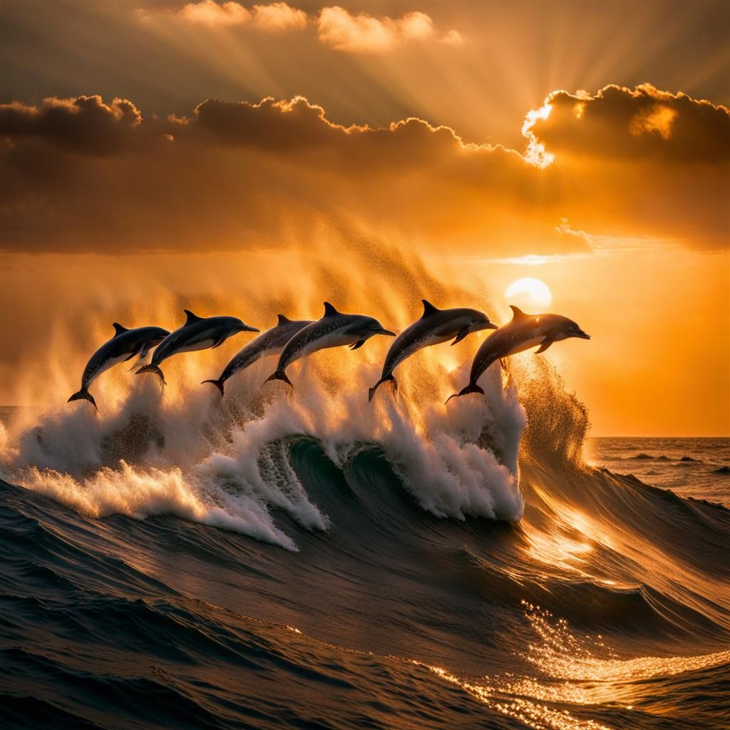 Dolphins soaring the crest of a wave at sunset