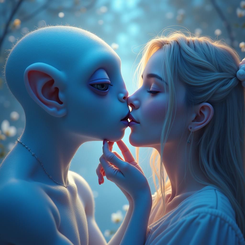 Alien and Human Kiss in Dreamy Surrealist Art