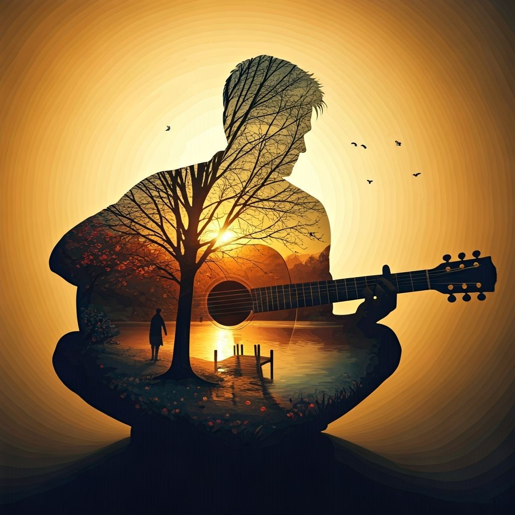 Silhouette Guitarist in Surreal Golden Landscape