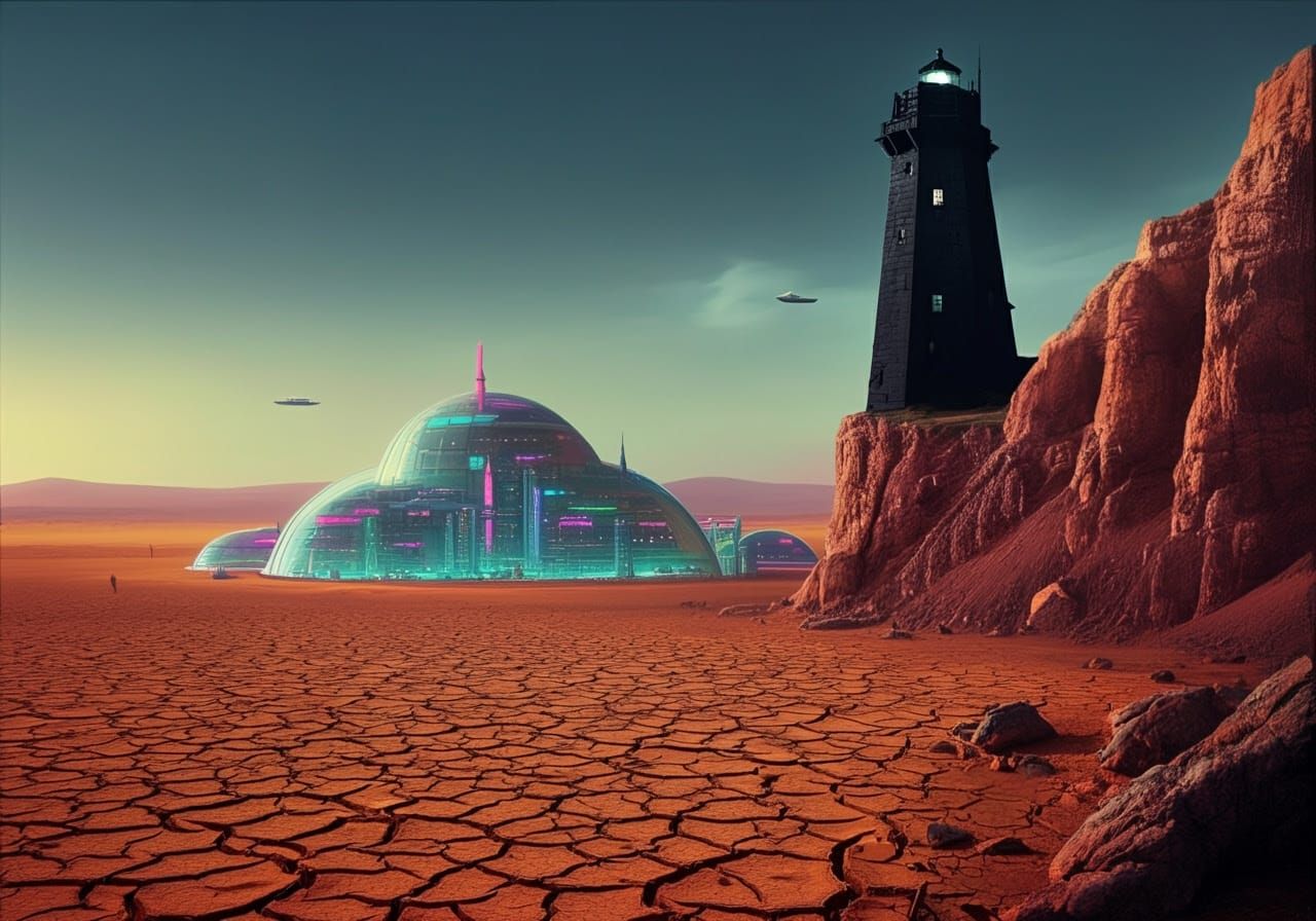 Retro-Futuristic Metropolis on Mars in Cyberpunk Style