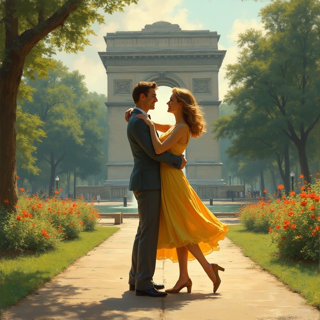 Couple Dancing in Washington Park, Impressionist Style