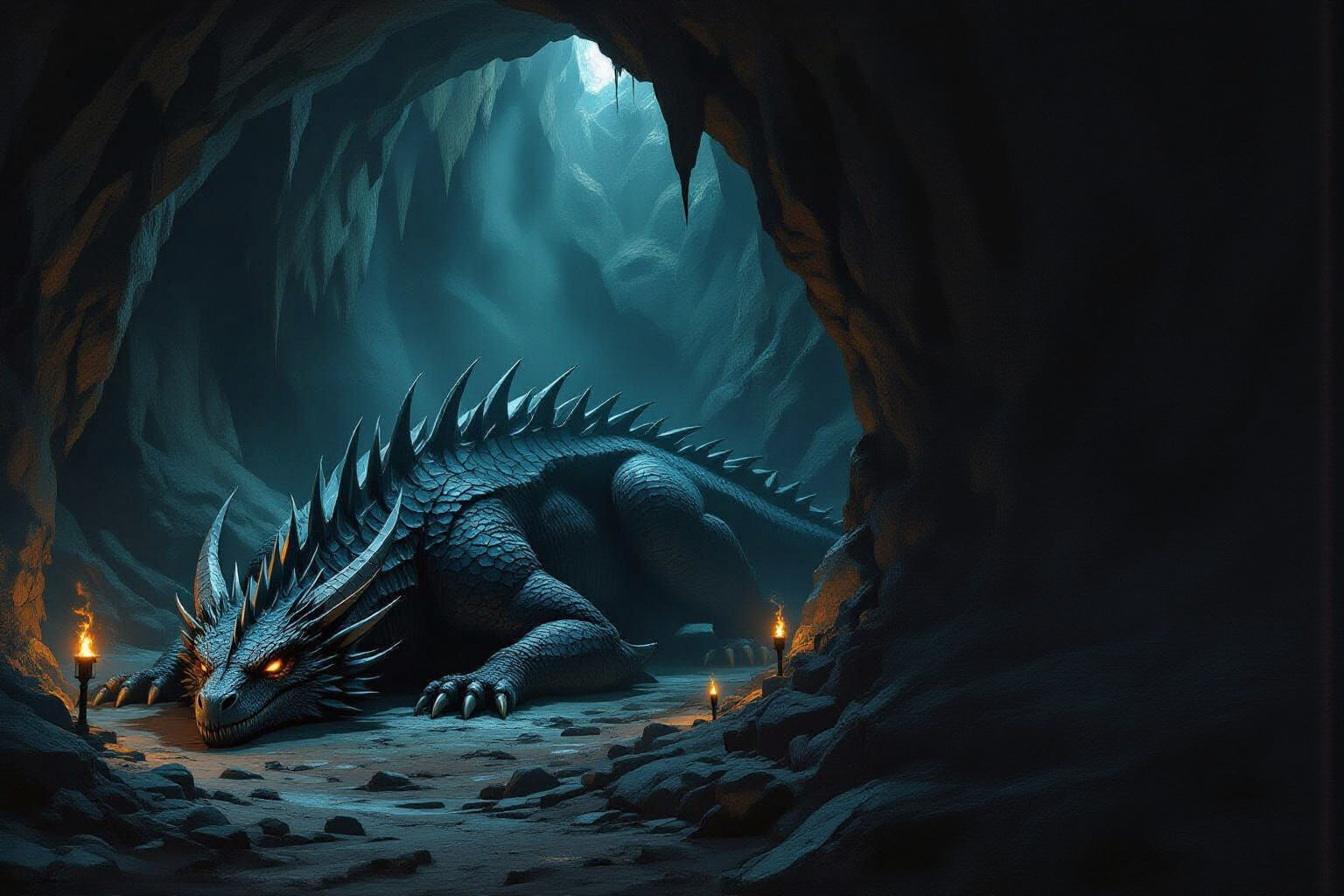 Ancient Black Dragon Asleep in Torchlit Cave