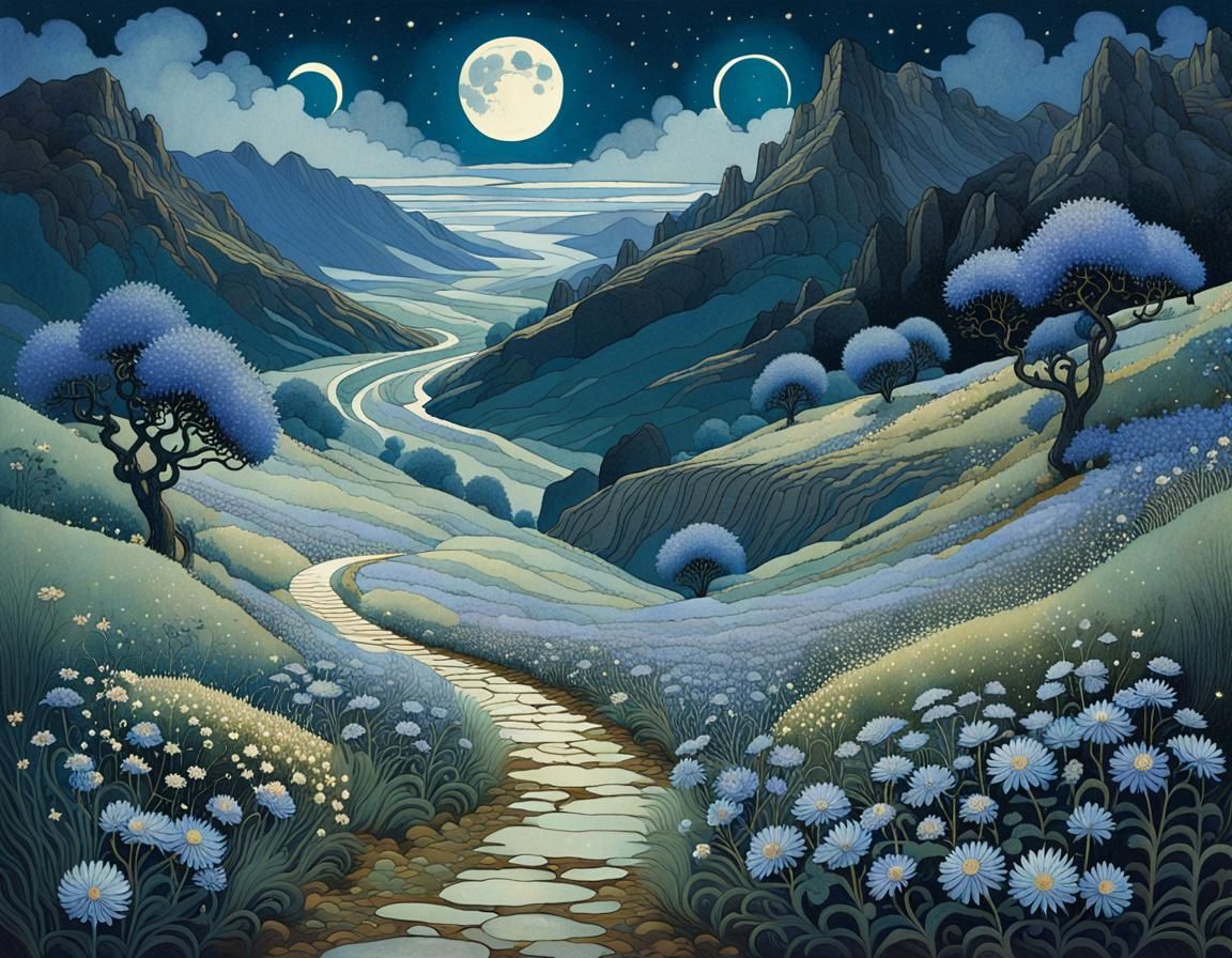 Breathtaking Moonlit Landscape with Wildflowers and Stars