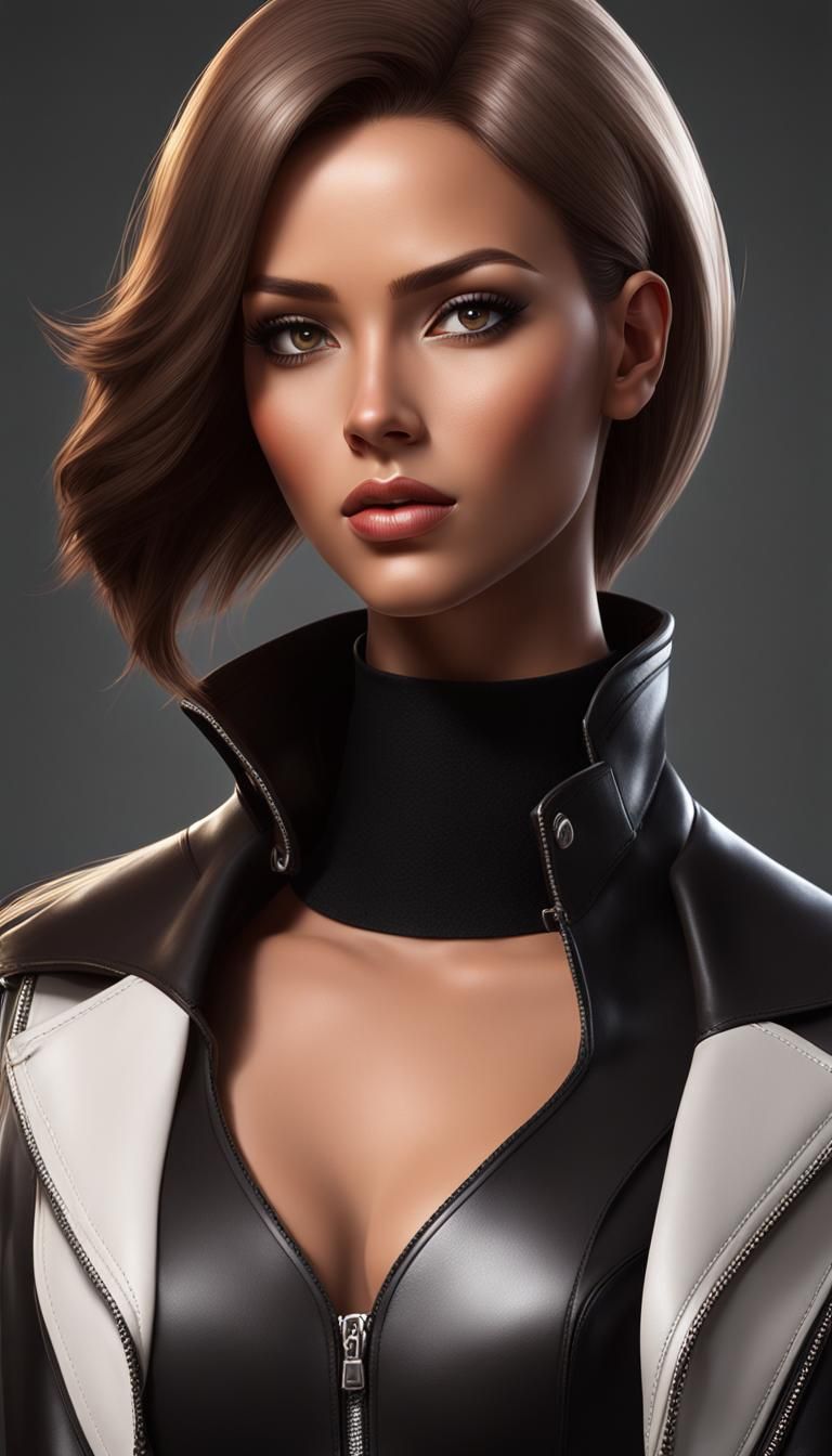 European Woman Portrait in Leather, Hyperdetailed Art