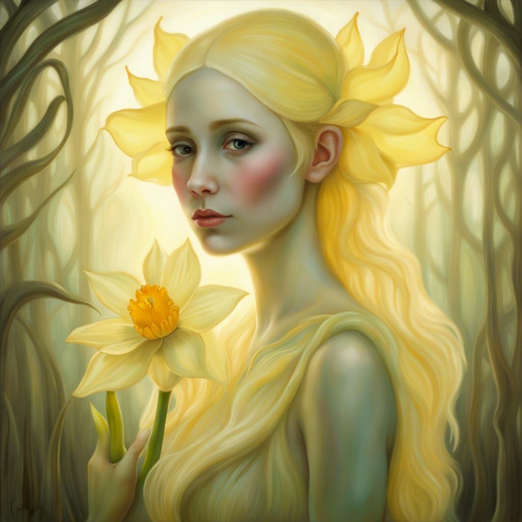 Elf in Spring Holding Daffodil Painting