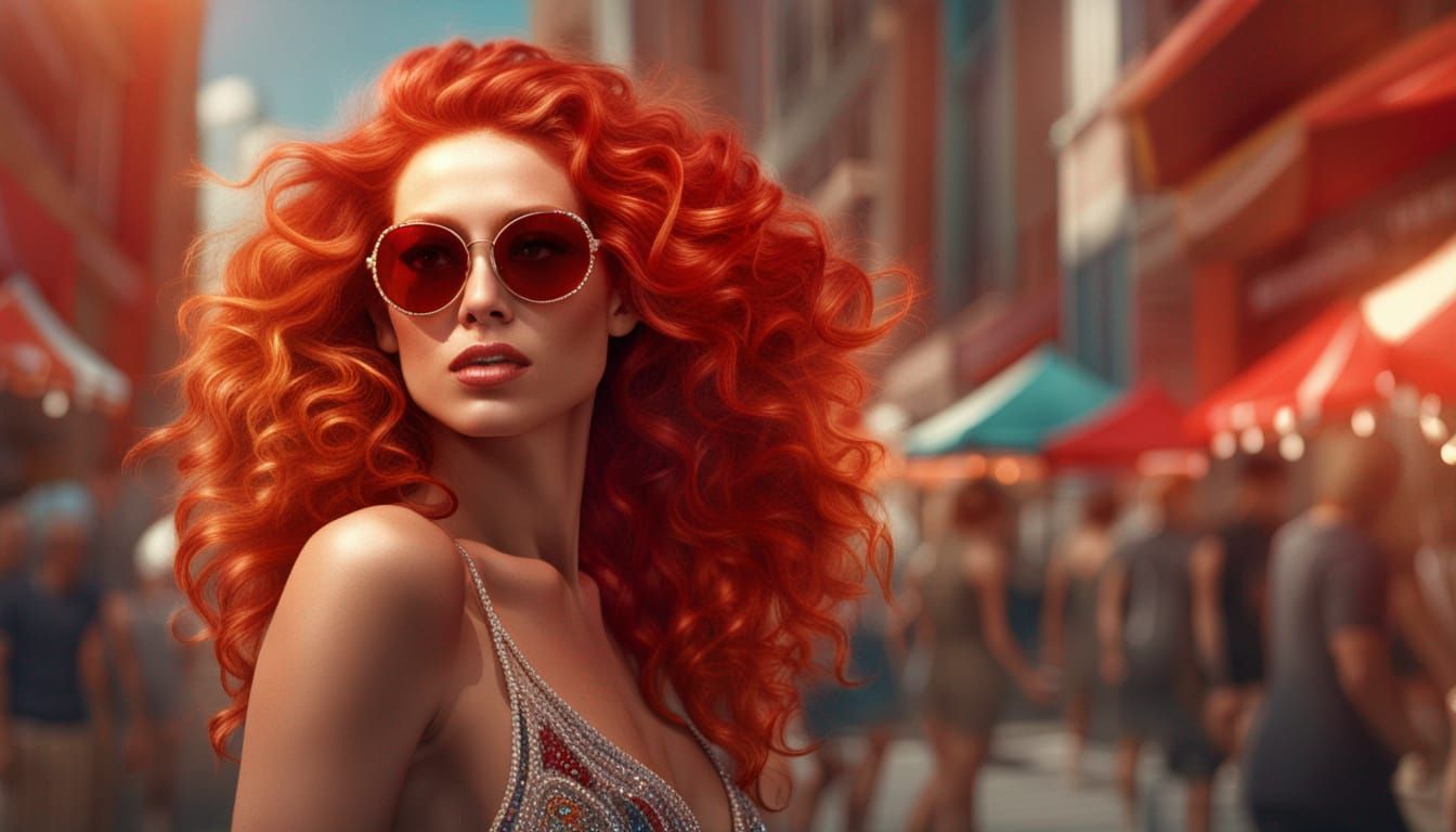 Beautiful Redhead Supermodel in Shopping Scene, Hyperrealist...