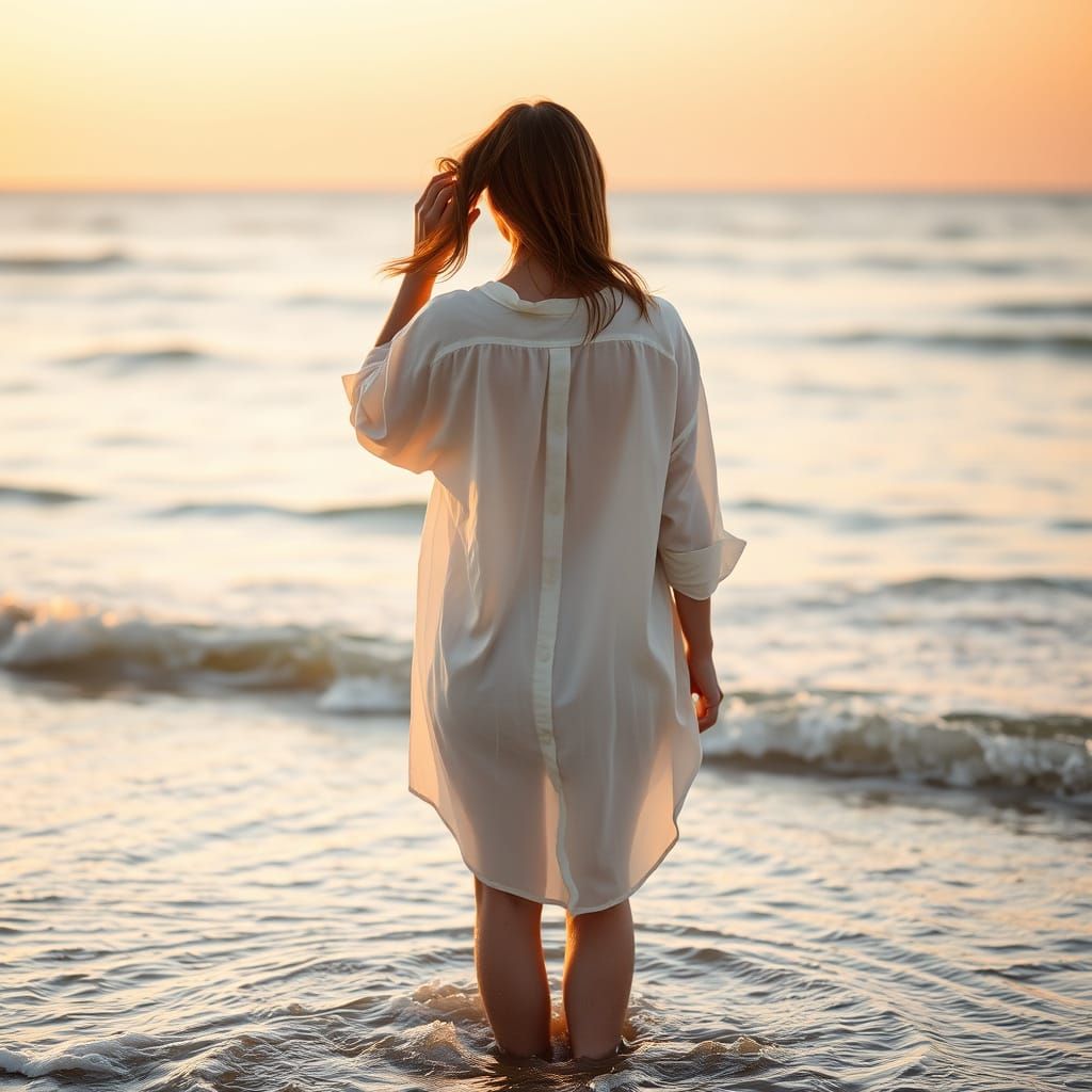 Solitary Woman on Beach at Golden Hour