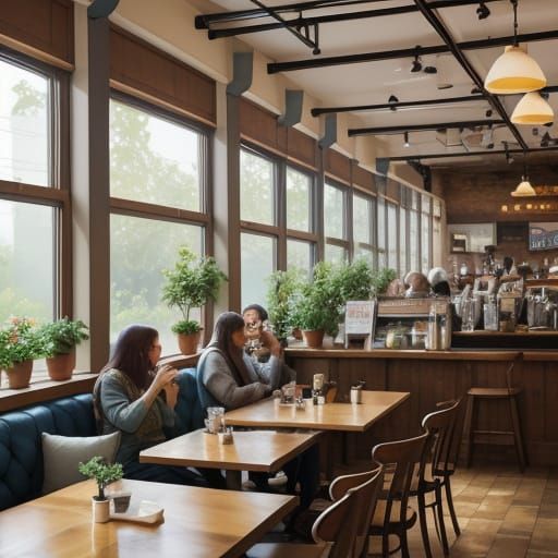 Vibrant Watercolor Coffeeshop Scene with Whimsical Brushstro...