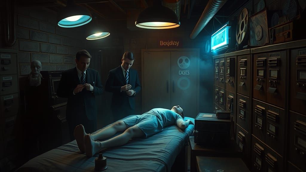 Retro-Futuristic Morgue Beneath Broadway in Noir Style