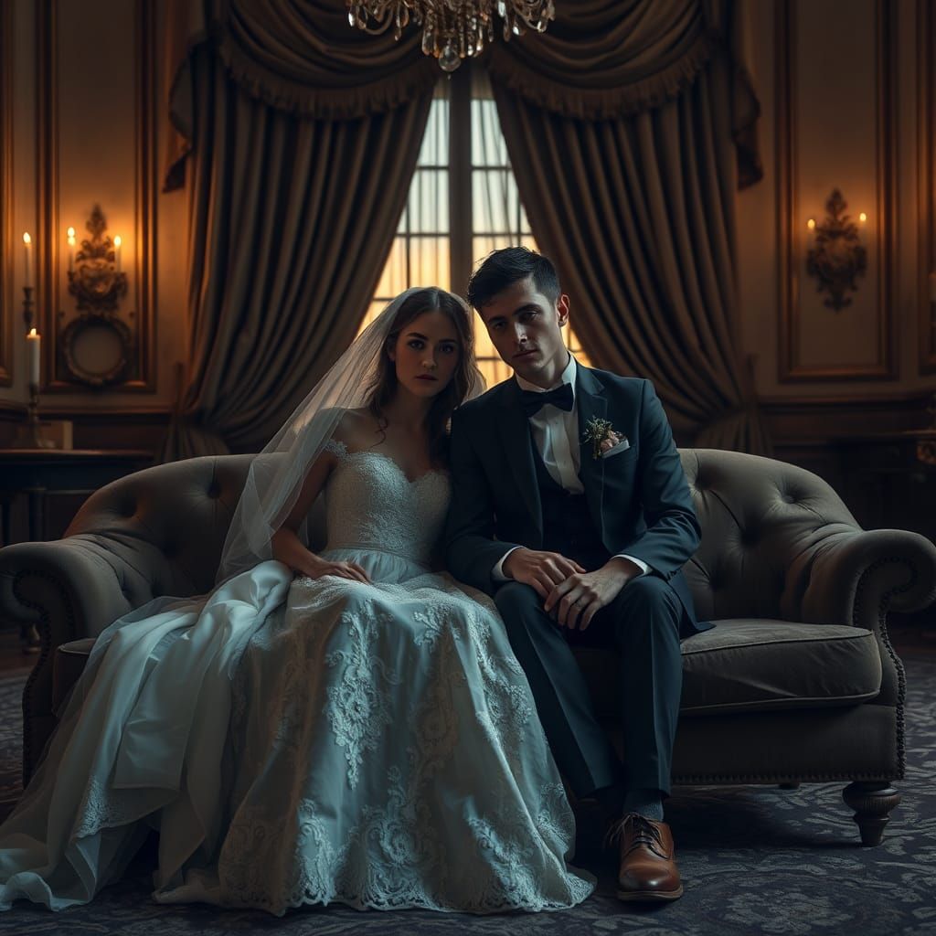 Melancholy Newlyweds in Ornate Ballroom, Cinematic HDR Photo