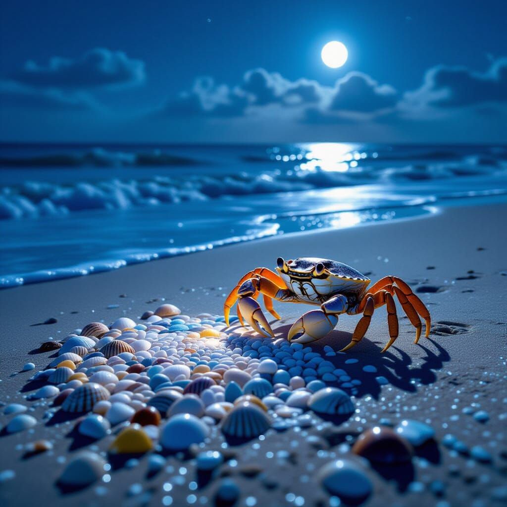 Surreal Crab Artistry: Moonlit Beach Mosaic Creation