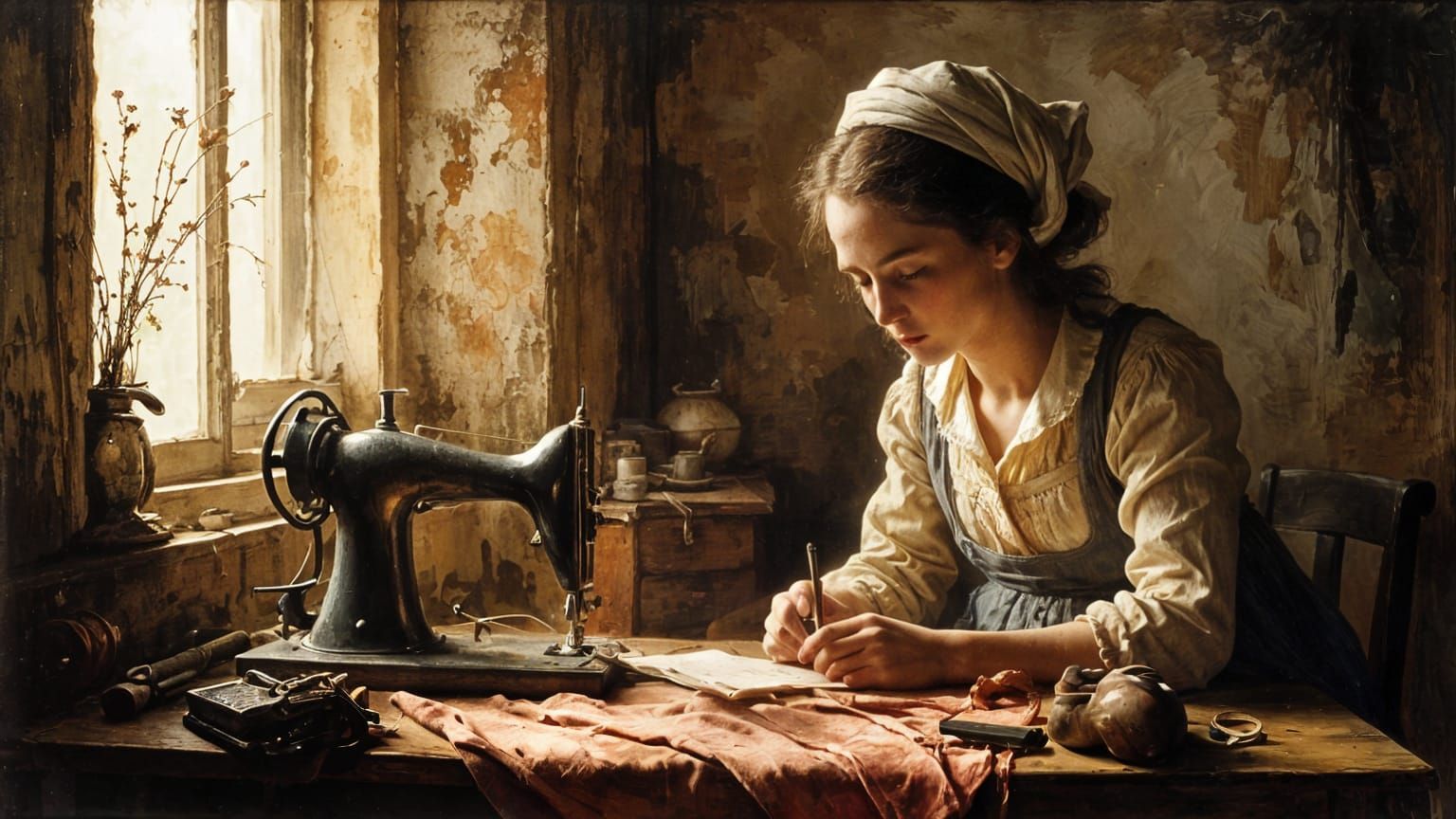 Impressionist Orphan Woman Sewing in Amsterdam, 1900