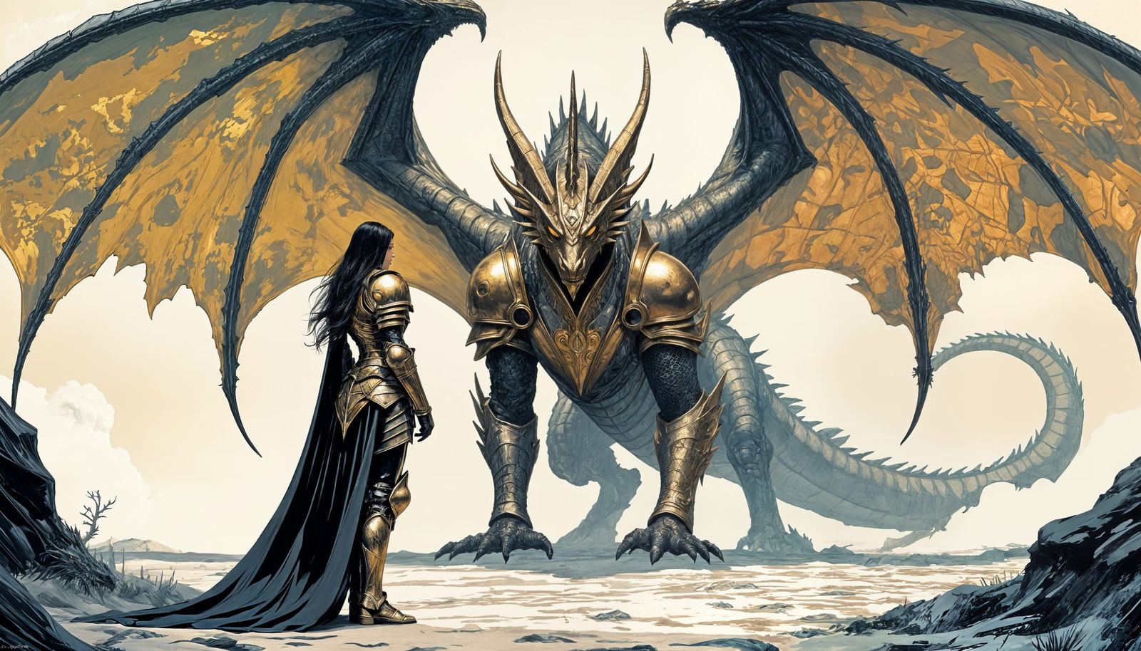 Majestic Dragon and Knight in Pen and Ink Style