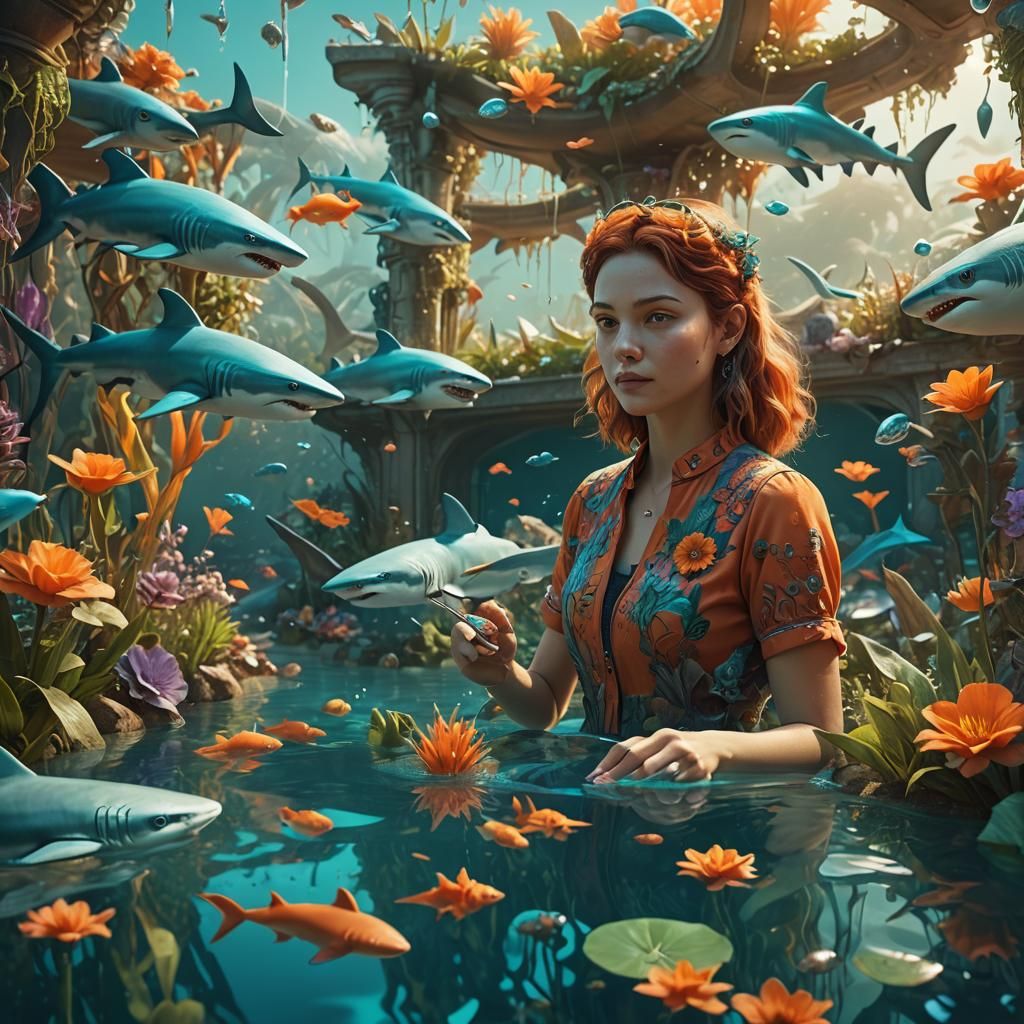 Surreal Garden with Floating Sharks: Matte Painting