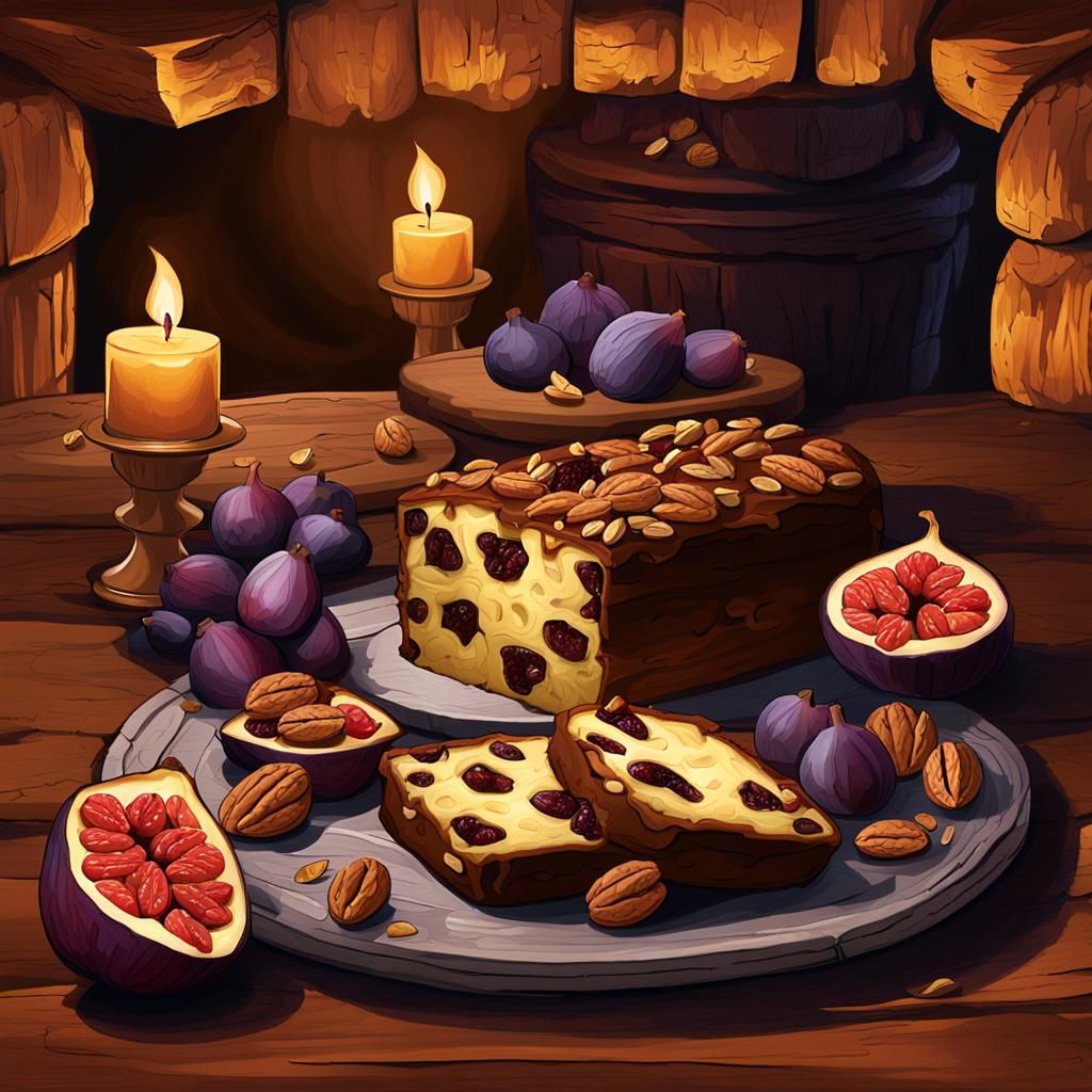 Rustic Fruitcake Still Life in Medieval Setting