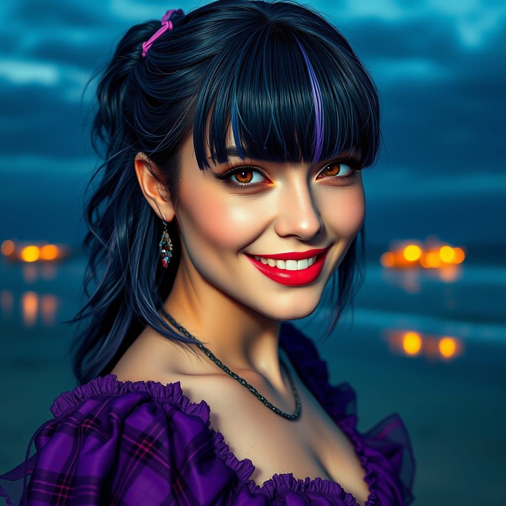 Punk Rock Woman in Plaid Gown on Beach, Alcohol Ink Style