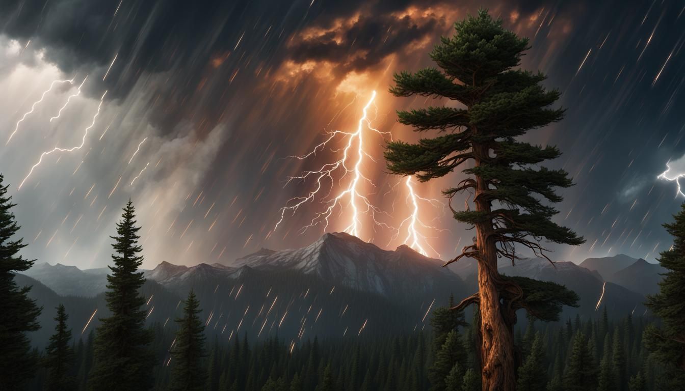 Dramatic Lightning Strikes Mountain Tree: Concept Art