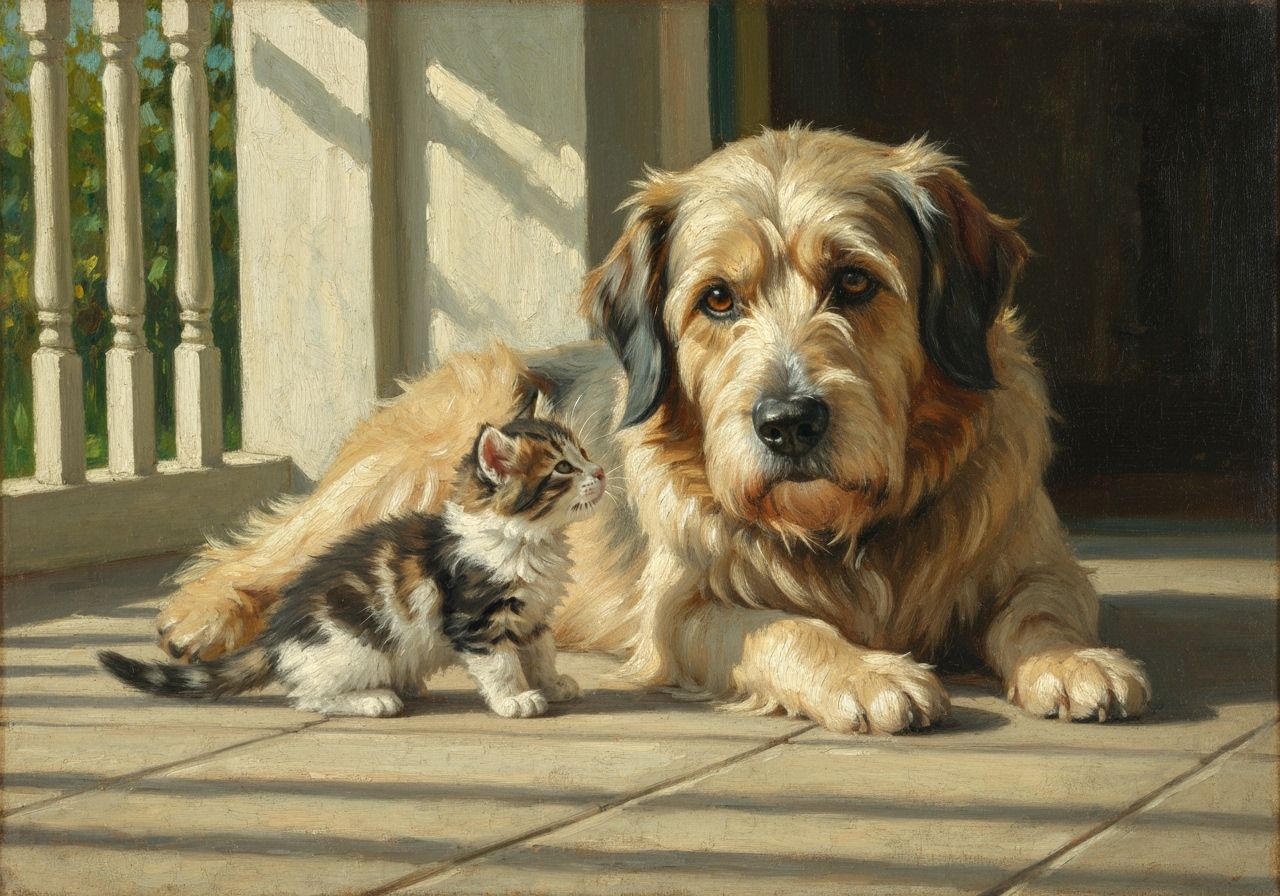 Kitten Nuzzles Dog on Sunlit Porch in Impressionist Style