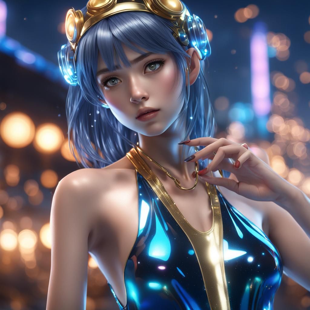 Anime Girl Model in Shiny Swimsuit: Hyper Realistic Photo