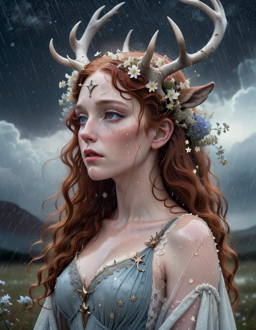 Horned Goddess in Rainy Storm, Hyperrealistic Art