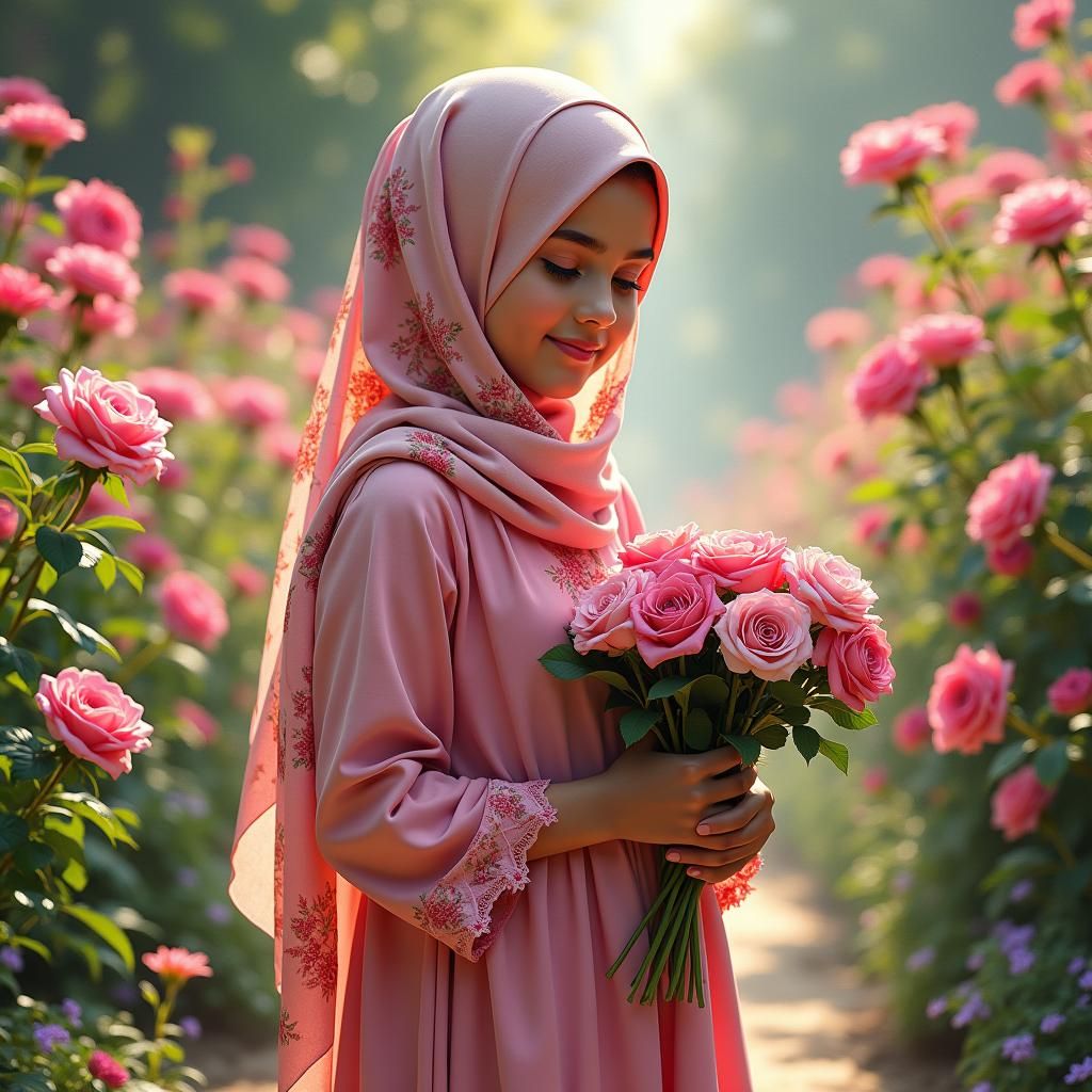 Girl in Pink Dress in Flower Garden
