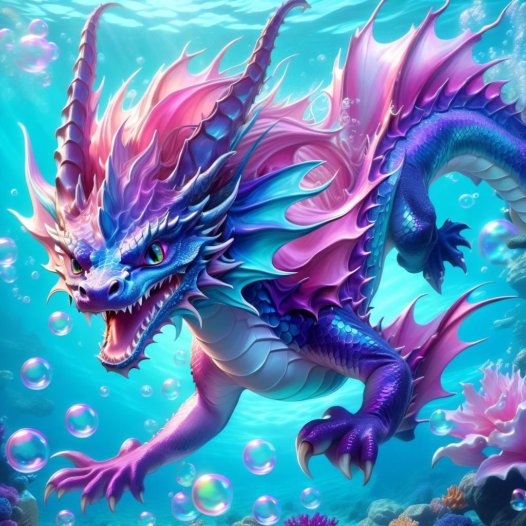 Pink and Purple Dragon Roaring Underwater: Anime Style